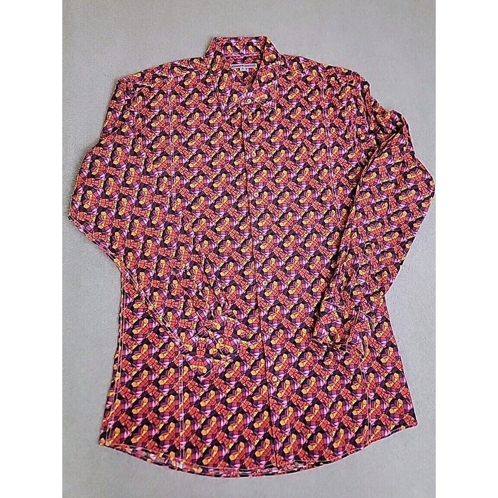 Cotton Doux Button Shirt Mens 42 16.5 Orange Pink‎ Yellow Stained Glass Preppy